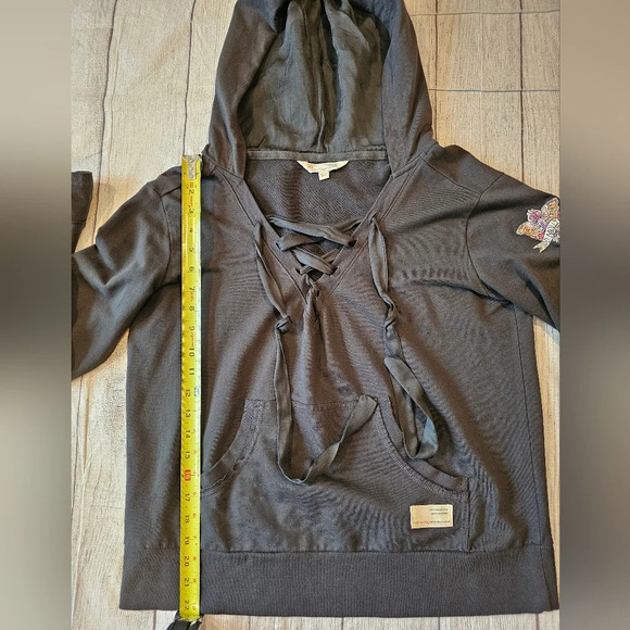 Odd Molly Size Small Dark Gray Hooded Pullover Sweatshirt Lace Up Front Comfy - Picture 9 of 11